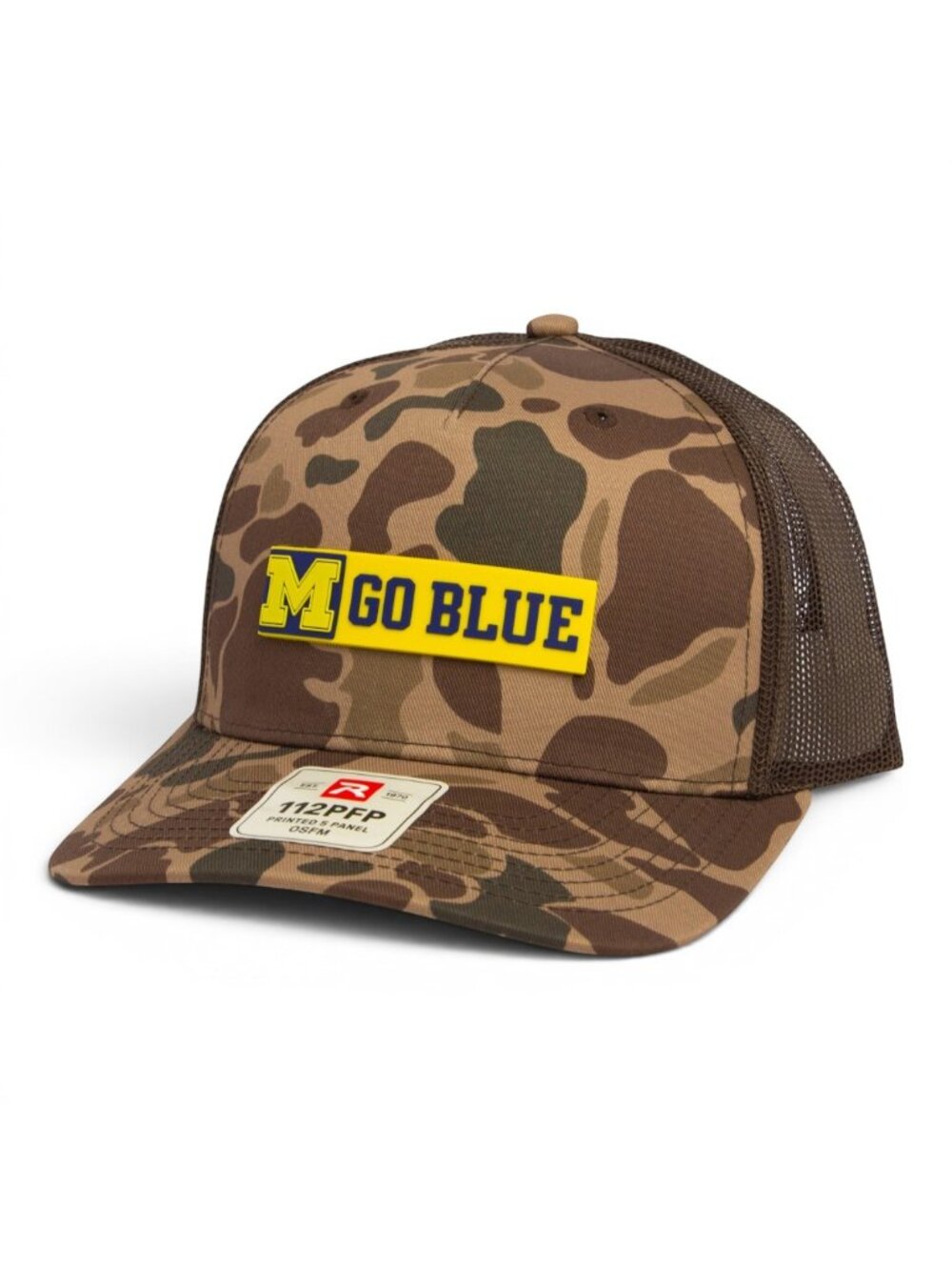 Michigan Wolverines GO BLUE Maize 3D Snapback Trucker Hat- Bark Duck Camo